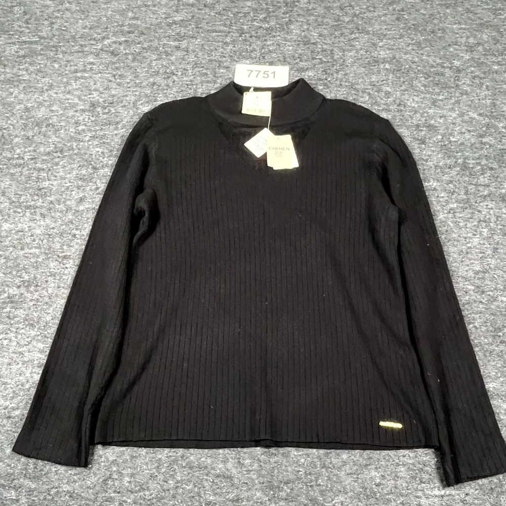 Carmen Marc Valvo Sweater Womens XL Black Tight Knit Ribbed Rayon Mock Neck